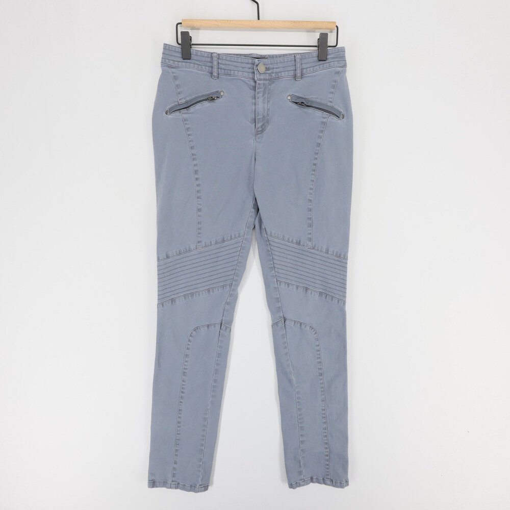 Peruvian Connection Moto Pants Womens 6 Gray Blue Ankle Zip Leather Trim Stretch